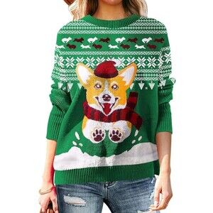 Women's Knitted Pullover Ugly Christmas Sweater Jumpers husky santa green M